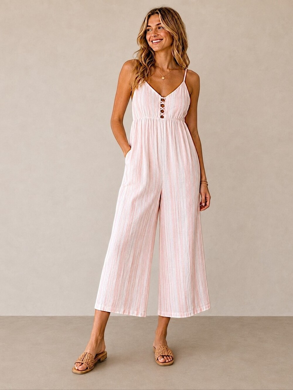 Tavik Peachy Keen Jumpsuit Wide Leg Cropped Pink White Stripe Size M